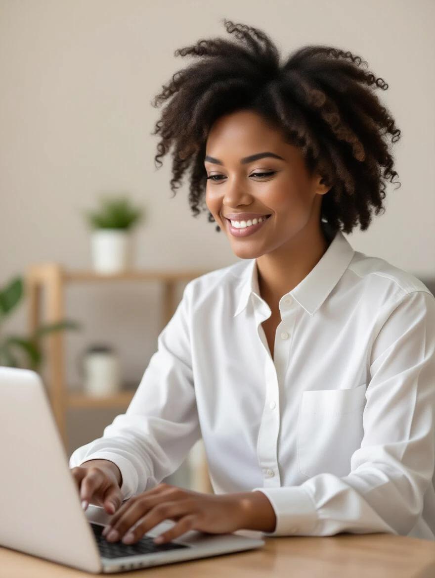 Smiling woman working on a laptop in a calm home environment with greenery in the background.