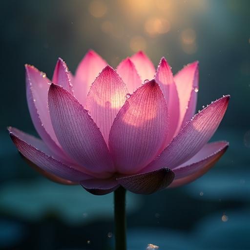 Close-up view of a stunning lotus flower with meticulously textured petals and glistening water droplets. The luminous backdrop casts a gentle glow that enhances the flower's mystical presence. Rich colors emphasize the beauty, with soft shadows creating a serene visual. Evokes tranquility and wonder, capturing the lotus's charm.