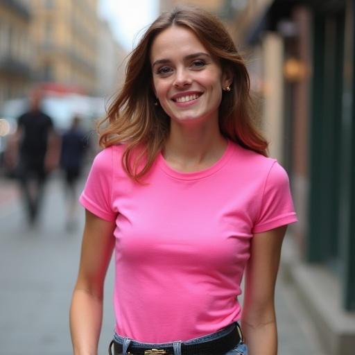 Woman standing on a street wearing a pink t-shirt. She has long hair and is smiling. Urban setting with blurred background.