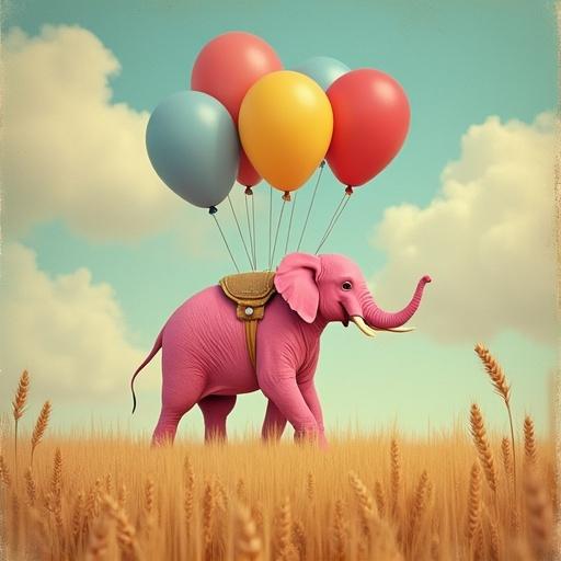 A whimsical pink elephant floats in a wheat field. Colorful balloons lift it gently. A soft pastel sky with clouds frames the scene. The image has a storybook style with a vintage texture.