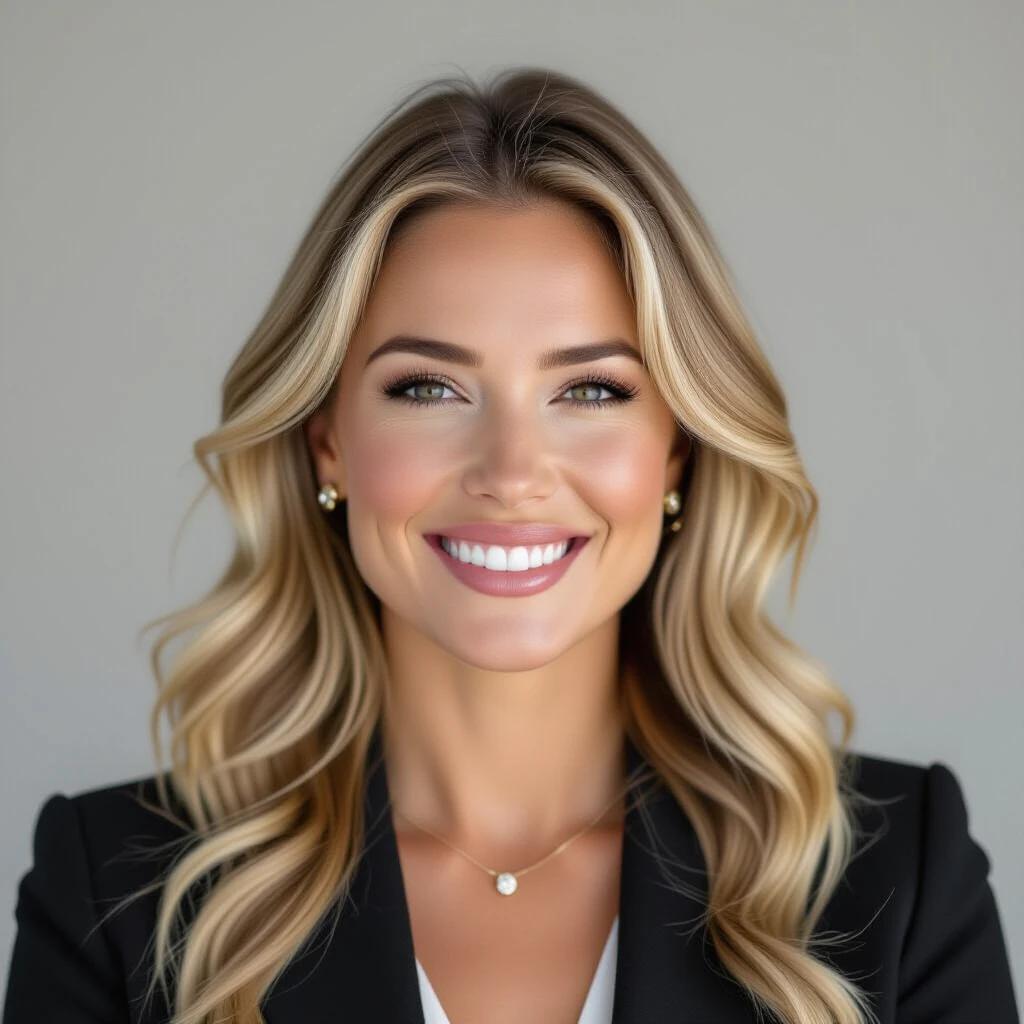 Jodie Steel in a professional setting. She wears a black blazer with a white top. Long wavy blonde hair flows down. The background is neutral and softly diffused. She has elegant jewelry on her ears and neck.