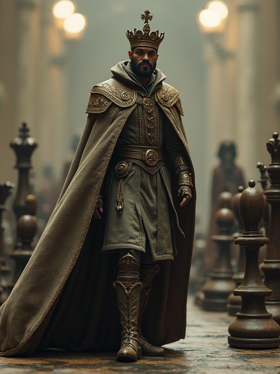 A chess king with a royal cloak stands amidst shadowy chess pieces. The image is captured from a worm's-eye view, highlighting the king's grandeur.