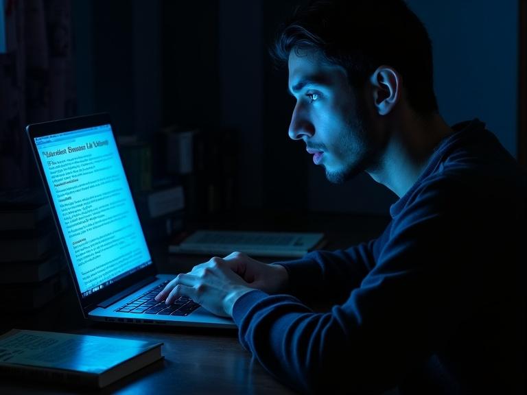 A man sits in a dark room illuminated by a laptop screen. His face reflects the blue light as he reads cryptic texts on the screen. He has wide eyes filled with curiosity. Books lay on the floor, left untouched. The atmosphere conveys mixed feelings of excitement and danger. The colors are dark blue, black, and muted red.