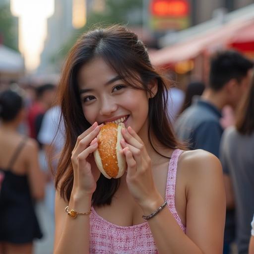 Woman in a crop top smiling while holding a hotdog in a busy city setting during an eating contest