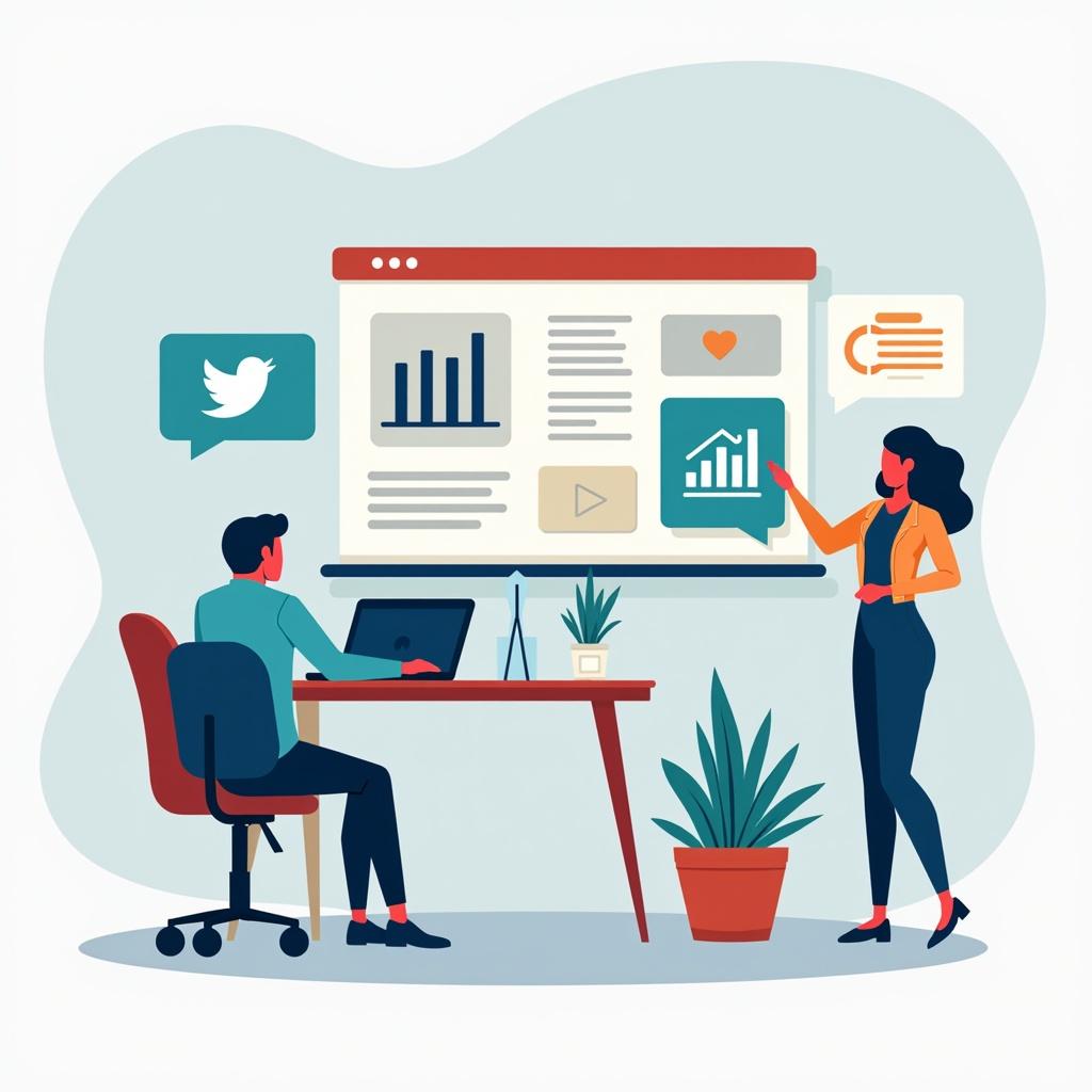 Illustration depicting content marketing. One person is sitting at a desk with a laptop. Another person is standing, pointing at a wall display. The wall features graphs and social media icons.