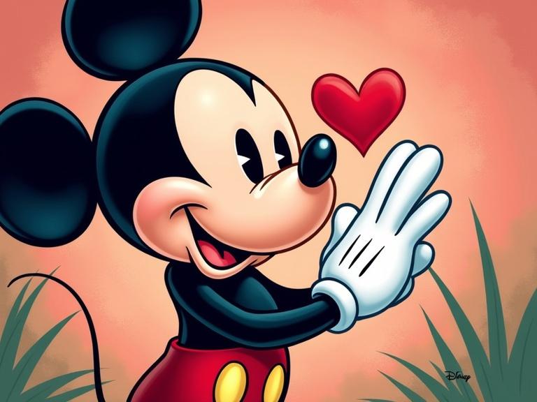 Disney character Mickey Mouse displays love with a heart gesture. He wears red shorts. The background features warm colors suggesting romance. Mickey's expression is joyful.
