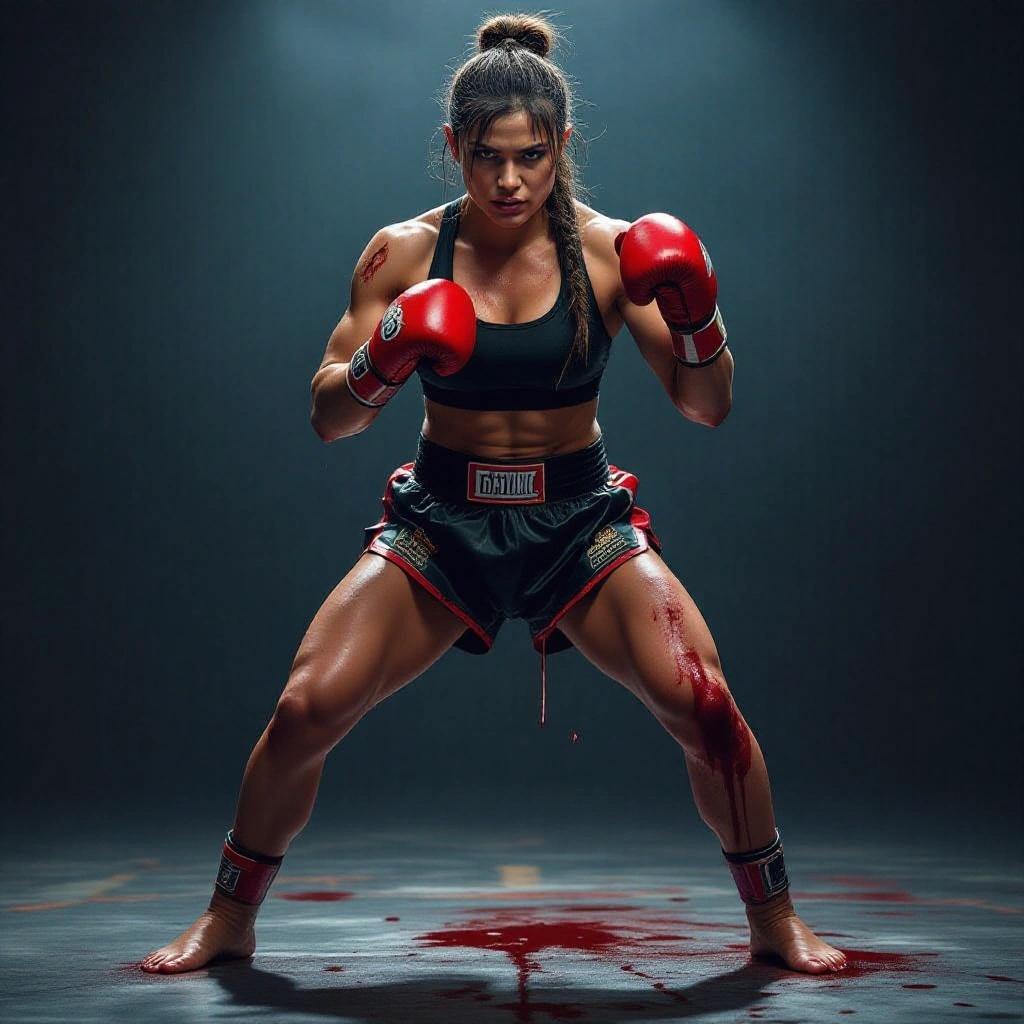 female muay thai fighter prepared to engage in battle fierce and captivating both focus and engagement shown sweat and blood highlight physical state full body stance emphasized lighting
