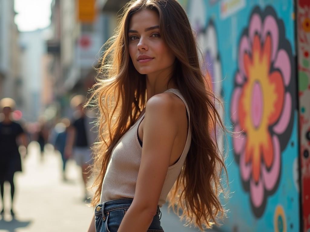 A young woman is standing in a vibrant urban setting. She has long, flowing hair that catches the light beautifully. The background features a colorful mural, adding energy to the scene. Wearing a casual outfit, she looks confidently at the camera with a charming smile. The atmosphere is lively, filled with activity, making it a perfect representation of modern street style.