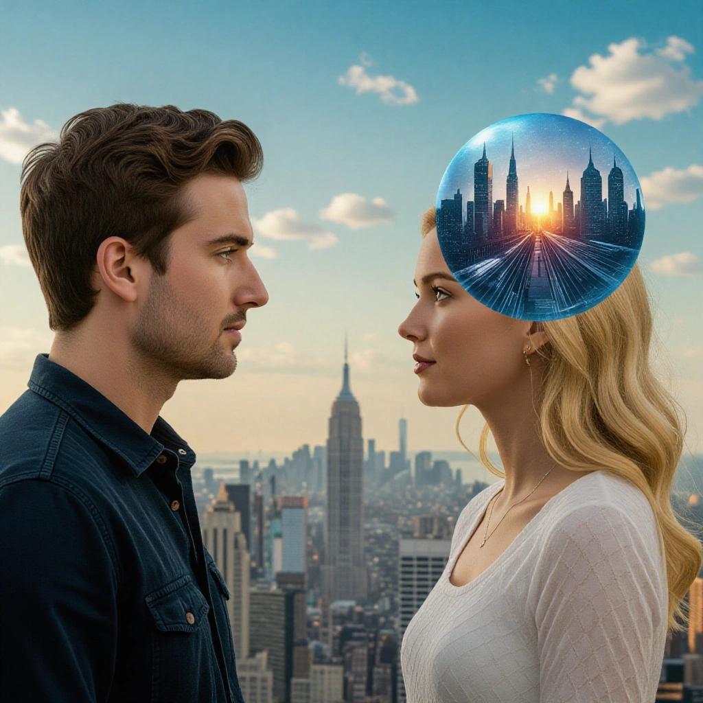 A man stares at a blonde woman. She has a fantasy world beside her. He has an urban world beside him.