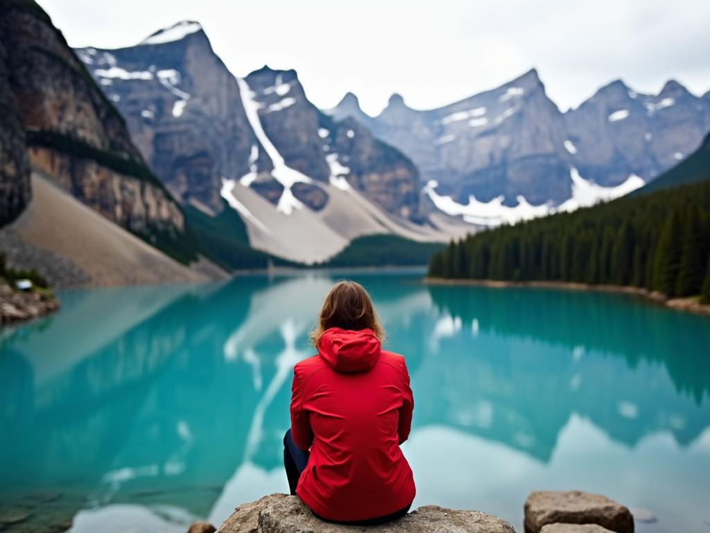 A person dressed in a bright red jacket sits on a rock, gazing out over a stunning turquoise lake, flanked by impressive snowy mountains. The calm water reflects the silhouette of the towering peaks, creating a breathtaking display of natural beauty. The overall atmosphere is tranquil and contemplative, inviting viewers to share in a moment of serene reflection.