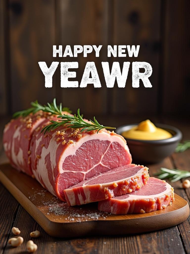 A beautifully arranged roast meat on a wooden board. Slices are cut to showcase the juicy interior. Text overlay says Happy New Yeawr. Accompanied by a bowl of mustard and herb garnish.