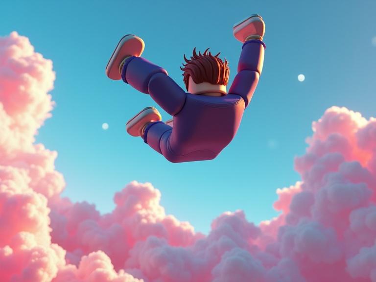 A Roblox character performing a backflip. Legs are bent at the knees. Scene set in a blue sky with fluffy pink clouds. Character is falling through colorful clouds.