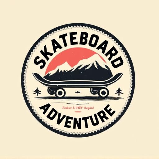 Design a circular badge logo. Feature a skateboard and the text 'SKATEBOARD ADVENTURE'. Use a vintage-inspired font. Incorporate a minimalist skateboard icon. Colors should be black, off-white, and muted red or pink.