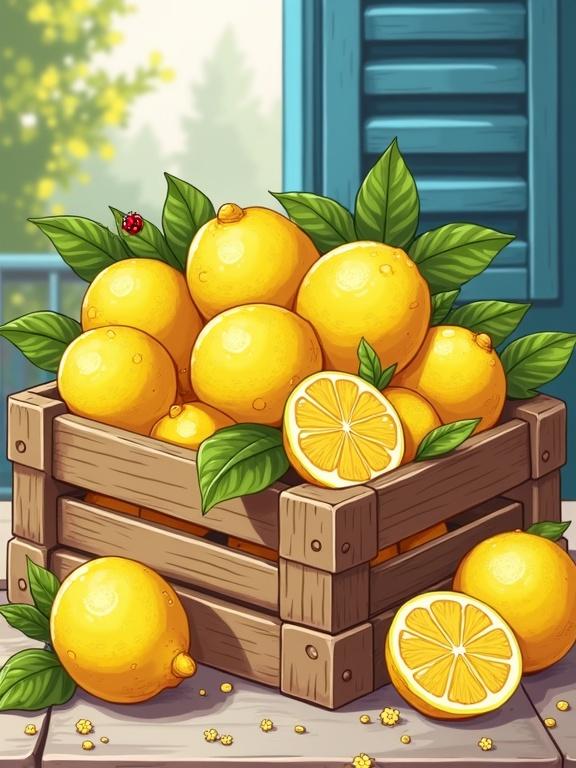 Illustration of a rustic wooden crate filled with bright yellow lemons. Some lemons are whole while others are sliced open. The crate is slightly weathered and placed against a blue shutter backdrop. Green leaves and lemon blossoms are scattered around. A ladybug is on the lemons. Soft shading and vibrant colors create a cheerful scene.