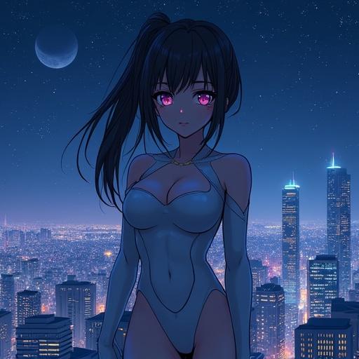 A girl in a sleek outfit with intricate body and facial details. She has detailed anime eyes. A large night metropolis fills the background with a starry sky. The style is anime, with high resolution.
