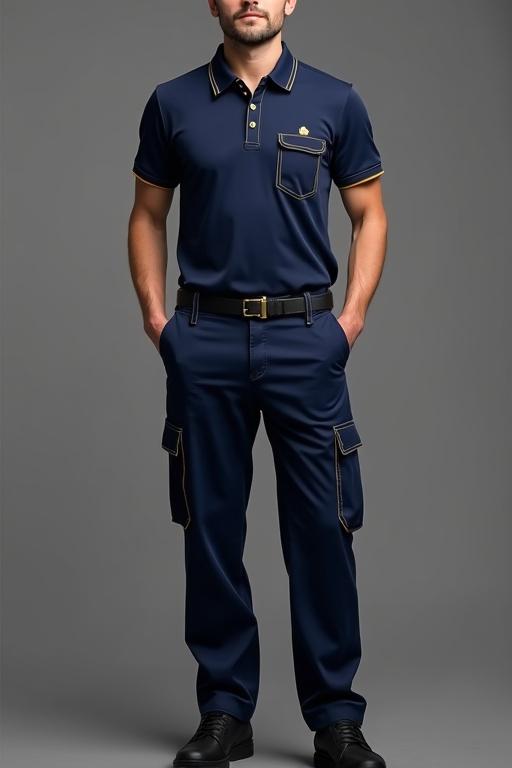 Full body image of a man dressed in a dark blue polo shirt featuring a pocket and gold accents. He is also wearing dark blue cargo pants that include side pockets. This outfit is designed for luxury hotel staff.