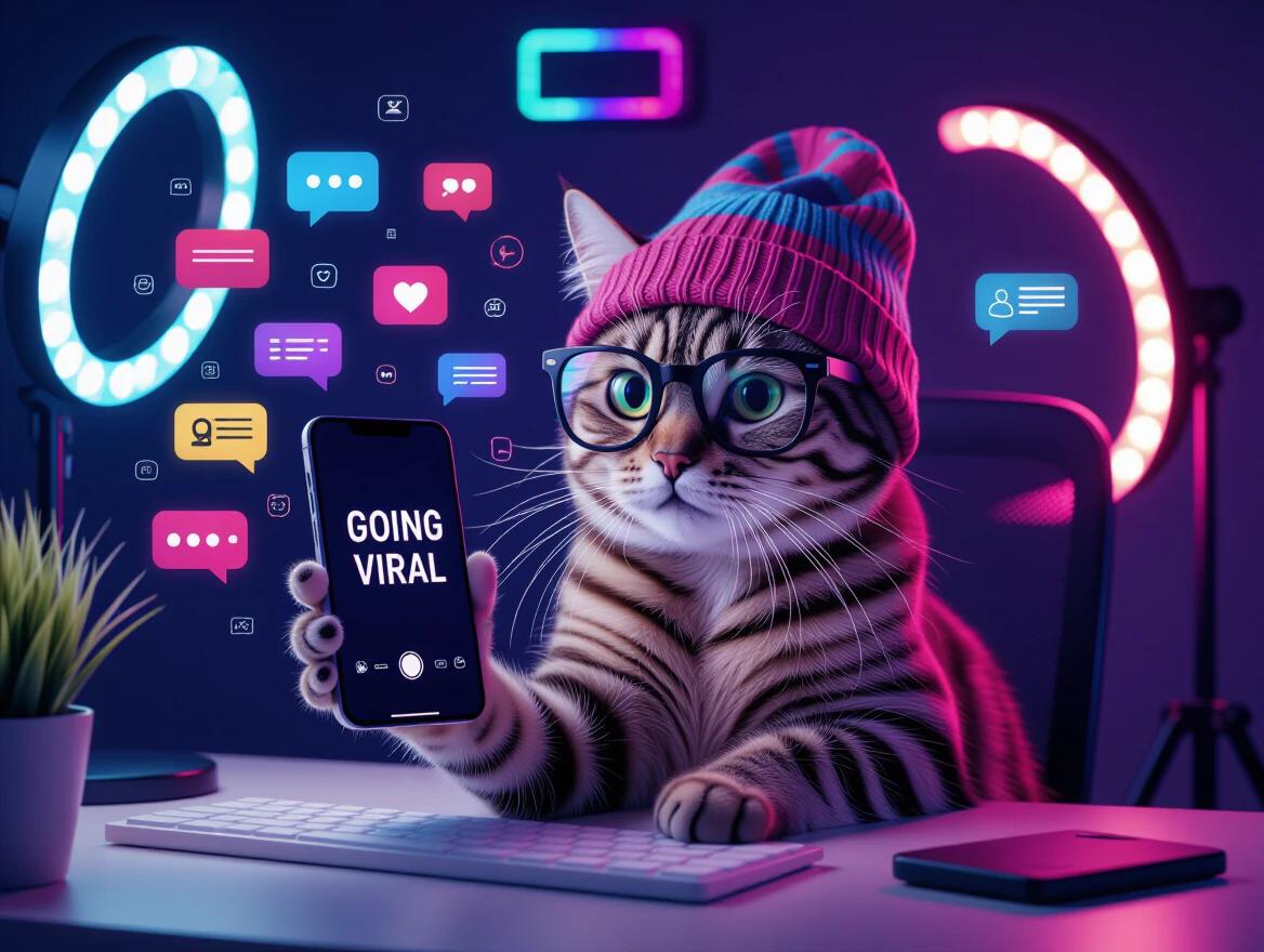 Stylish tabby cat wearing oversized glasses and colorful beanie. Cat is sitting at a modern desk setup with RGB LED lights. Cat holds smartphone with text GOING VIRAL on the screen. Multiple social media notifications are floating around. Ring light is illuminating the scene. Aesthetic neon colors. Digital art style with high detail. Trending on social media vibe.