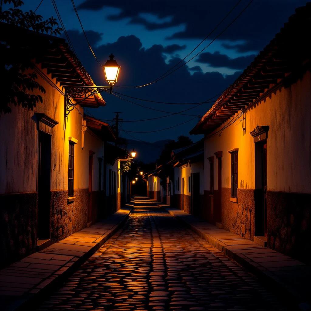 Tilted angle of a dark alley in rural Mexico at night. Dim streetlights cast warm light. Rustic houses with textured walls. Cobblestone road with deep shadows. Cinematic lighting in a realistic style.
