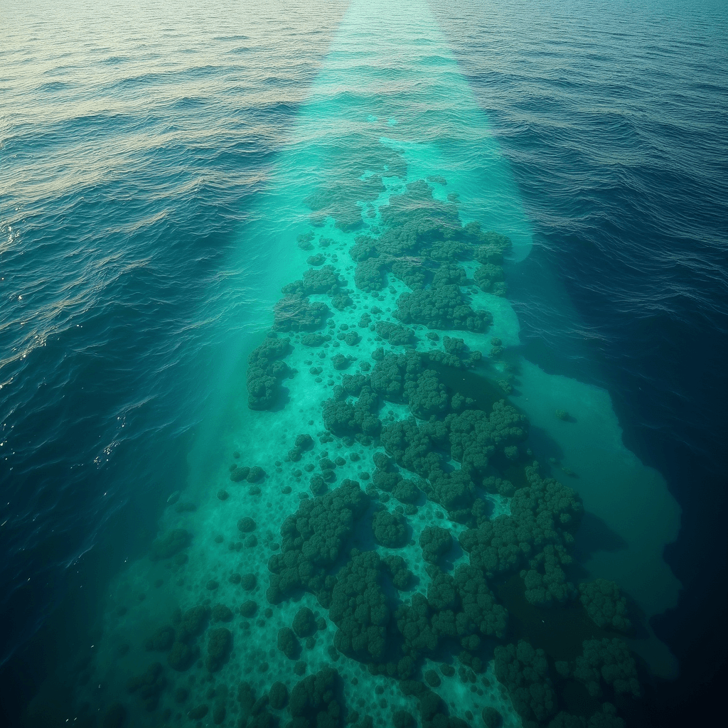 Aerial view of sunlight illuminating underwater coral formations in a vibrant blue ocean.