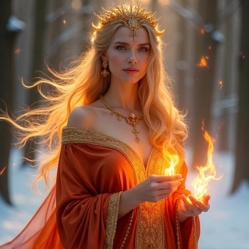 Mature female fire spirit with calm expression. High cheekbones and gentle features. Ember-orange glow in eyes. Flame sigil on forehead. Flowing hair in golden and amber waves. Golden tiara shaped like a hearth. Red and platinum robe, asymmetrical. Bare shoulder adorned with gold and amber jewelry. Shimmering aura and flickering flames around her. Snowy mystical forest background. Majestic and radiant scene.