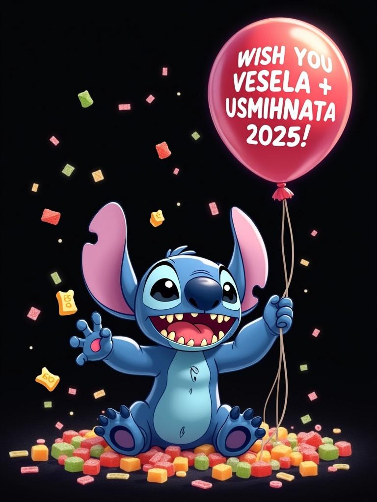 Cute blue alien character named Stitch with big ears and a joyful expression. Stitch is sitting with a wide smile and showing his teeth. He throws gummy bears with one hand. His mouth is full of gummy bears. Confetti and gummy bears float in the air. In the other hand, Stitch holds a balloon with a message. The background is black.