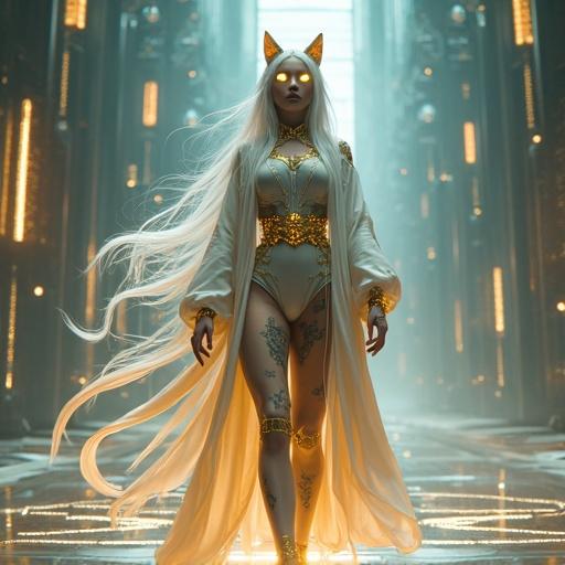 Full-body image of a divine feline goddess with white silver hair and golden cat eyes viewed from below. She wears a high-tech bodysuit combined with a kimono and Greek robe. Long split tails flow gracefully. A golden neural cat-ear headset is on her head. Her arms and legs have glowing tattoos. Data cables flow like an obi from her waist. She stands on a futuristic summoning platform in a sci-fi shrine surrounded by holographic screens.