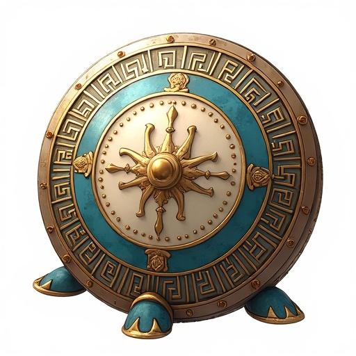 Create a fantasy creature named Amphiartis with a smooth ceramic body and classical Greek designs. It should have metallic edges and a central sun emblem. Show the monster in an idle pose on a transparent background.