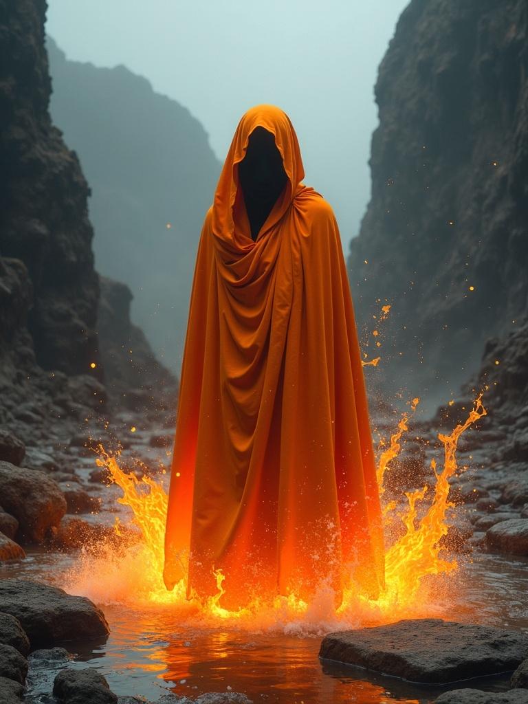 A figure draped in a vibrant orange robe stands amidst a tumultuous scene. The robe is engulfed in fiery, molten substance, creating a dramatic splash. The figure's face is obscured, adding an element of mystery. The backdrop features dark, rugged outcrops and a misty atmosphere, suggesting a remote location.