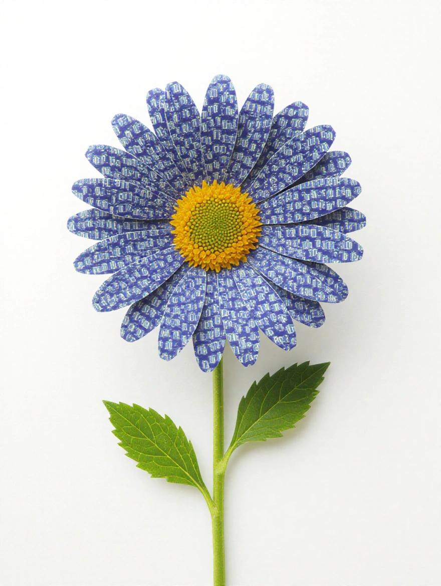 A flower constructed from television static with blue petals and a yellow center. The flower has green leaves and stands upright against a plain background.