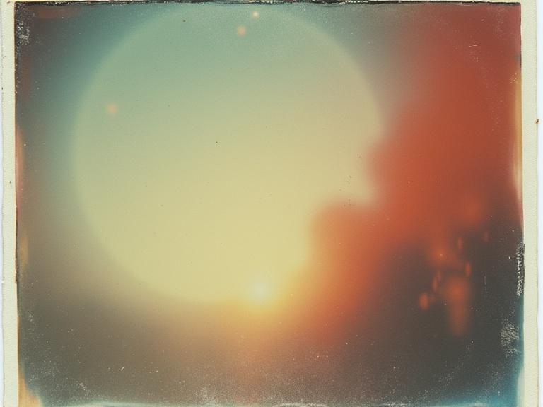 Abstract image with a soft glowing orb in warm and cool tones. Captured on a Polaroid with a nostalgic 1990s feel. Medium quality and low resolution.