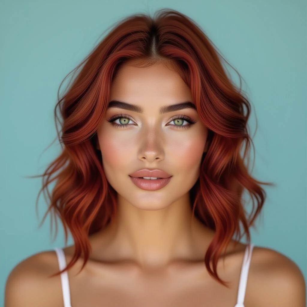 An Indian man with wavy platinum red hair falling below shoulders striking green eyes neutral expression slight pout wearing white spaghetti strap top light blue background soft even lighting focus on face upper body aspect ratio 16:9