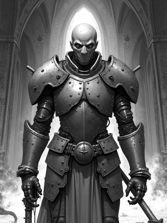 A biomechanical cybernetic knight stands in a dark cathedral-like interior. The knight wears a decaying exosuit blending medieval armor with industrial design. The face is pale and expressionless with skull ports. Heavy plating and exposed wires create a brutal look. One arm is a weapon; the other holds a rusted mace or banner. Background includes broken arches and sacred glyphs etched in metal. The overall style is black-and-white manga with high detail.