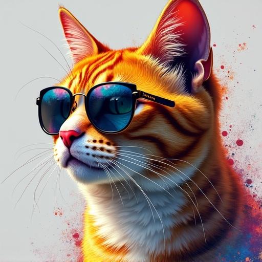 Digital painting of a cat with reflective sunglasses. Cat gazes off with wide-open eyes. Cat's fur shows orange yellow white and black colors. Background muted gray. Colorful splatters and streaks surround the cat. Pop-art aesthetic with vibrant colors.