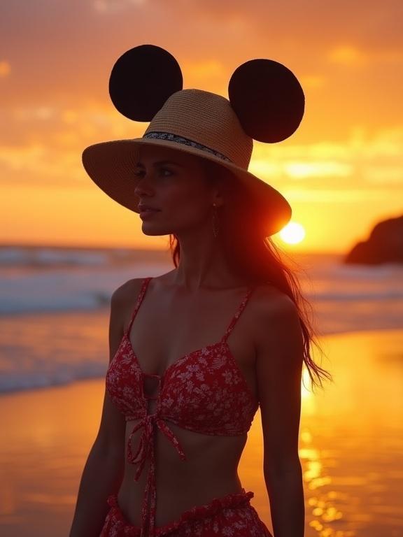 Stunning woman wearing Mickey Mouse hat on a beach at sunset. She is in a floral bikini and facing the sunset. Captures a serene and beautiful moment.