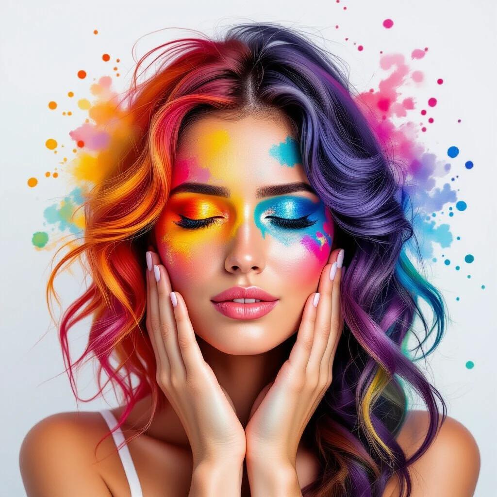 Colorful dyes surround a woman's face. Expression of emotions captured. Vibrant movement is represented. Symbolizes hope and personal growth. Showcases a blossoming personality in an artistic portrayal.