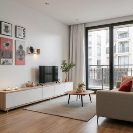 Modern living room in a new apartment located in Cartagena de Indias Manga. Clean design featuring a comfortable sofa a coffee table and a television. Large windows providing natural light. Wall art and minimalist decor adding visual interest.