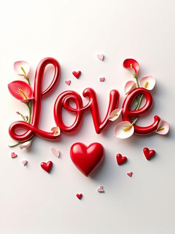 3D render showcases the name Love in vibrant red and white ceramic font. Intricate details with flowing red and white calla lilies and roses. Delicate white calligraphic swirls add elegance. Letters arranged centrally against soft white backdrop. Below, a prominent red ceramic heart. Smaller red hearts scattered around. Soft, diffused light enhances luxury feel. Handwritten small letters above Love in gold ink by Muny Vathana.