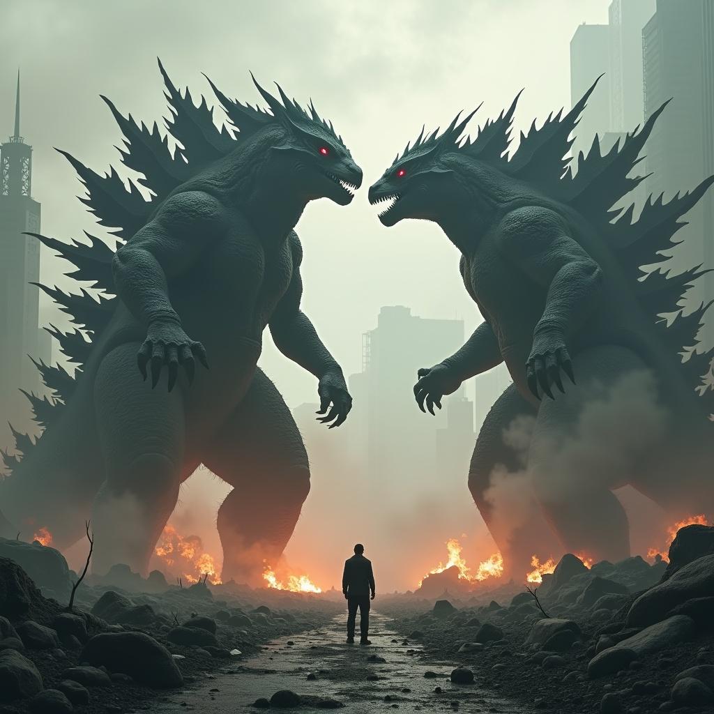 In a desolate cityscape, two monstrous kaiju stand opposite each other, ready to battle. The background is filled with smoke and fires, emphasizing the aftermath of their destructive conflict. Each kaiju has striking features, with spiked backs and glowing red eyes. A lone figure stands in the foreground, dwarfed by the giants, highlighting the scale of the confrontation. This scene is a stunning depiction of a thrilling monster movie, filled with tension and action.