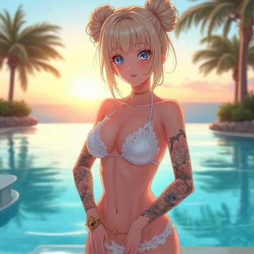 Anime character by a luxury infinity pool during sunset. Female with frosted blue eyes and light blonde high bun. Wearing an elegant lace bikini with golden designs. Character has intricate Japanese tattoos. Scene conveys modern luxurious atmosphere.