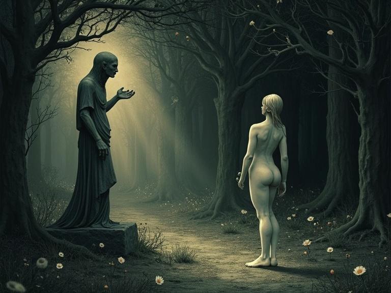 Statue in darkness reaching towards a figure. A woman stands naked before it. Setting is a dimly lit forest. Themes of mystery and magic are present. Illustration style emulates John Bauer and Ashley Wood with a blend of maximalism and minimalism.