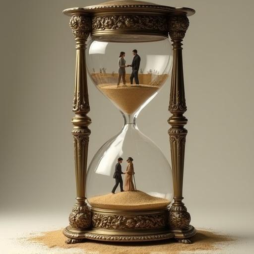 Allegorical representation of time passing and stages of life in a large ornate glass and gold hourglass. Young couple stands on sand in the upper chamber. Desert landscape inside the hourglass. Older couple walks in the lower chamber on accumulated sand. Detailed hourglass with sculpted supports. Visual metaphor of life's cycle and inevitability of time.