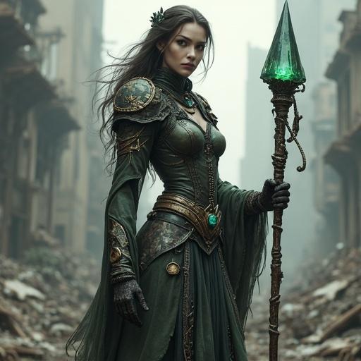 Fantasy character known as Garbage Keeper in a ruined city. Character wears unique uniform made of recycled materials and glowing runes. She holds a staff crafted from scrap and crystal. The environment is detailed and magical. Her expression shows mystery and authority.