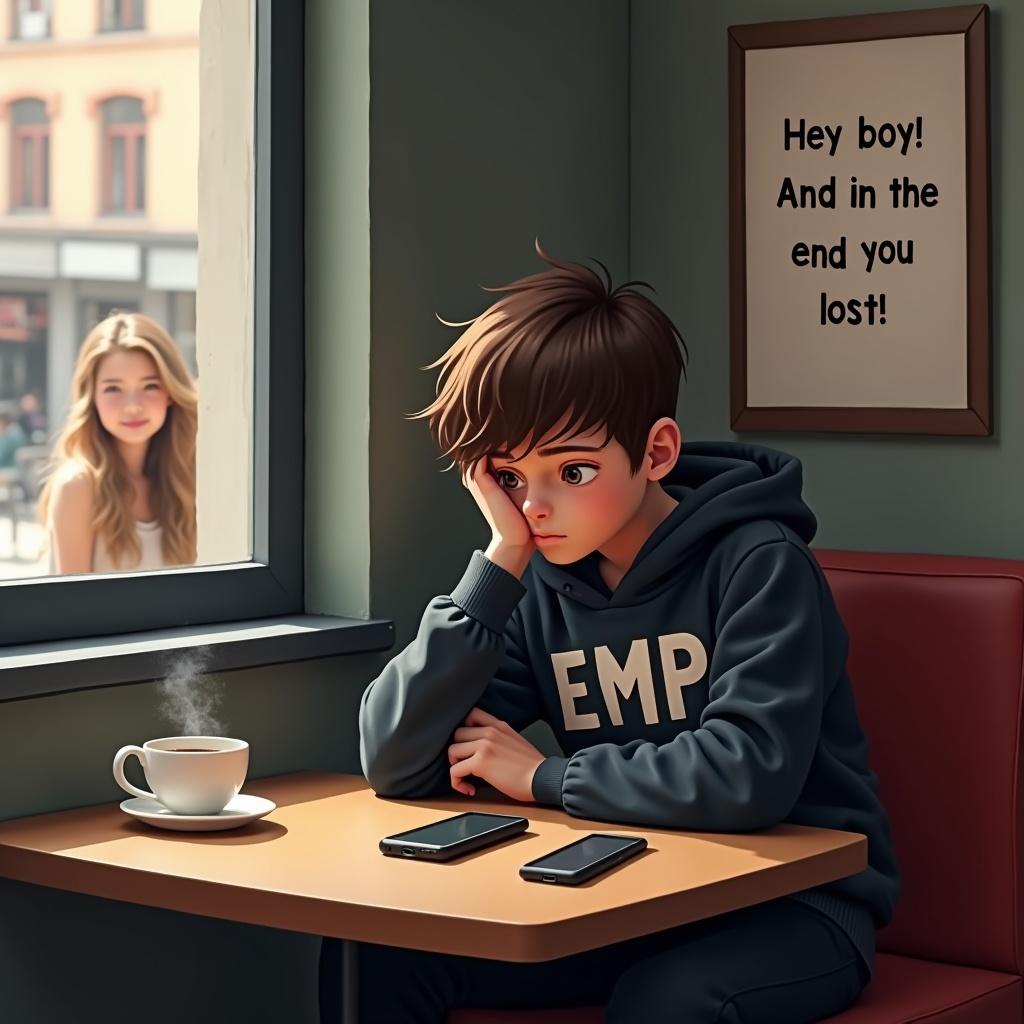 A young boy sitting alone at a cafe table, looking thoughtful and sad, with two phones in front of him, a steaming cup of coffee, and a message on the wall that reads 'Hey boy! And in the end you lost!'. Outside the window, a girl looks in with a concerned expression.