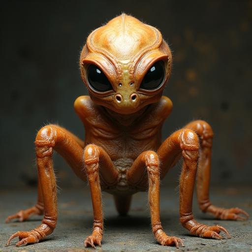 A creature with five-fold symmetry. The alien has five muscular limbs functioning as legs or hands. It features a drum-shaped trunk housing five eyes and five breathing spiracles. All surface areas exhibit glossy chestnut fur.