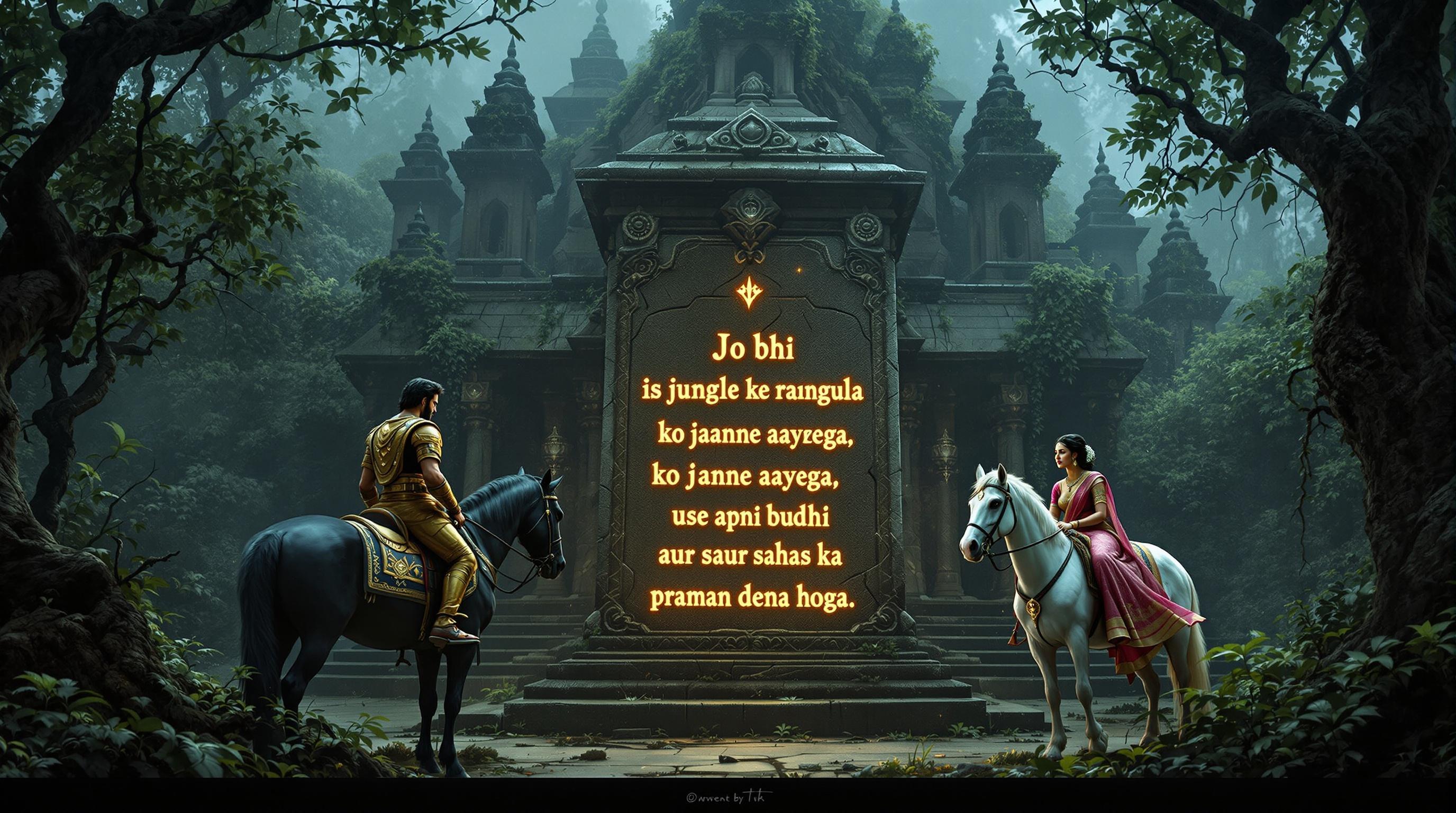 A clear ultra HD image of King Rudrasen and Queen Mriganjali in Kali Vrikshi Van. They face an ancient, mist-covered temple. The temple is overgrown with vines and has broken spires. A large stone pedestal with glowing script stands before them. The king dismounts from his black horse. The queen sits on her white horse. The atmosphere is mysterious and engaging.