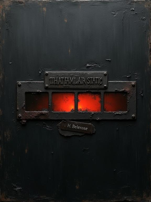Rough oil painting features textured black background resembling industrial paint. Central strip shows damaged film negative with uneven red-orange glow. Glow is subtle and surrounded by cracks. Top has distressed black metal plaque with title “That Familiar Static.” Bottom right has crooked nameplate “H. Bellerose.” Focus on textures: corrosion and scratches. Overall tone is moody and grim.