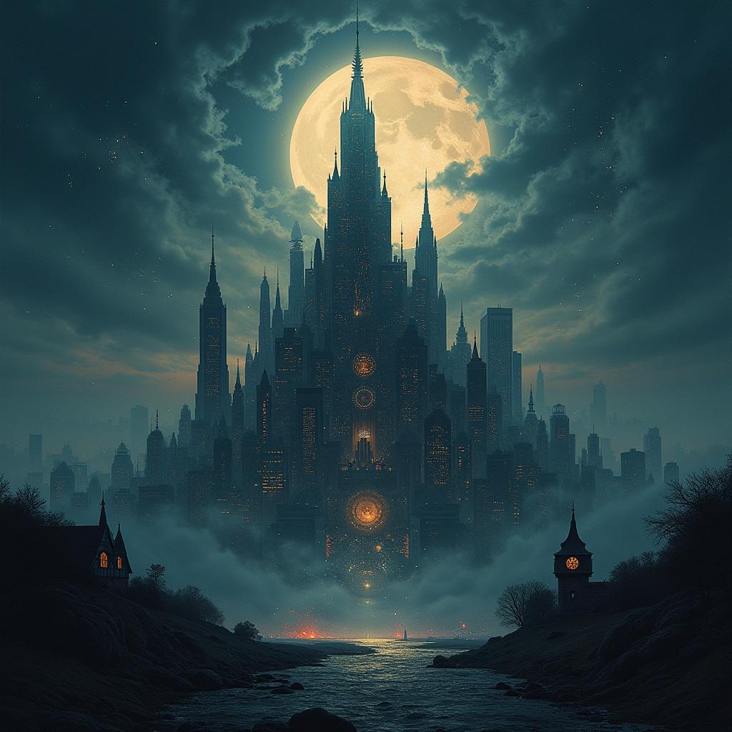 A dark captivating scene Complex cosmic city skyline art on a music album cover with text Big Room House