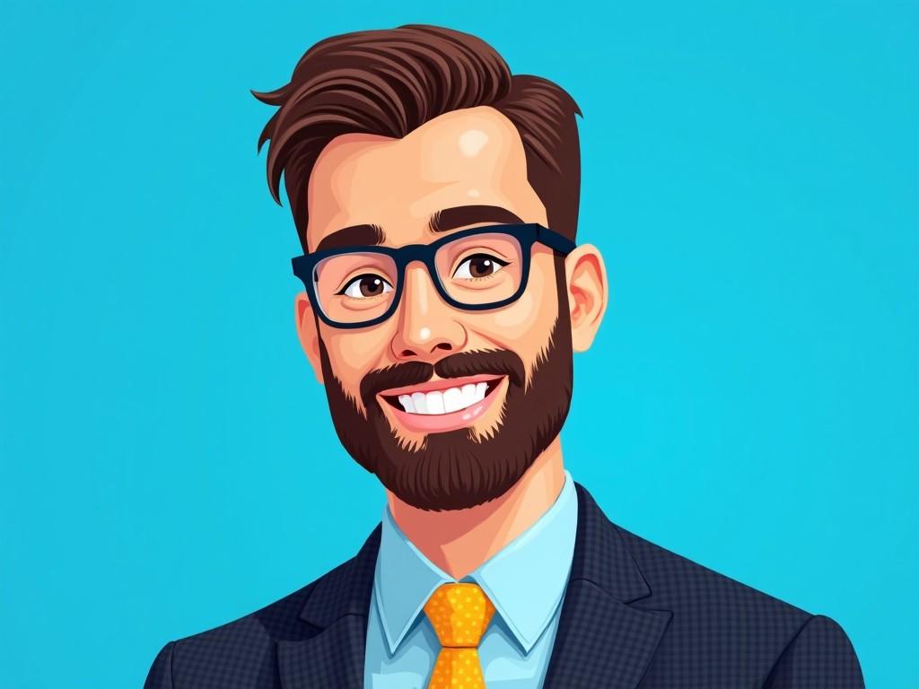 This image depicts a man with a well-groomed beard and stylish glasses wearing a formal suit and tie. He has a friendly smile and presents a professional demeanor. The background is a vibrant blue, enhancing his appearance and making him stand out. The character's hair is neatly styled, and he is dressed in a dark, patterned suit, alongside a light blue shirt and a yellow dotted tie. This artwork embodies a digital avatar style, making it suitable for personal branding and use as a profile picture on platforms like LinkedIn or other professional websites.