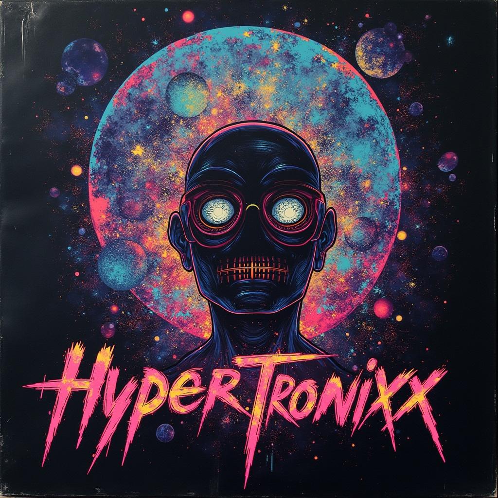 Complex futuristic art on a music album cover featuring stylized head with glasses. Text DJ Hypertronixx in a fancy font.