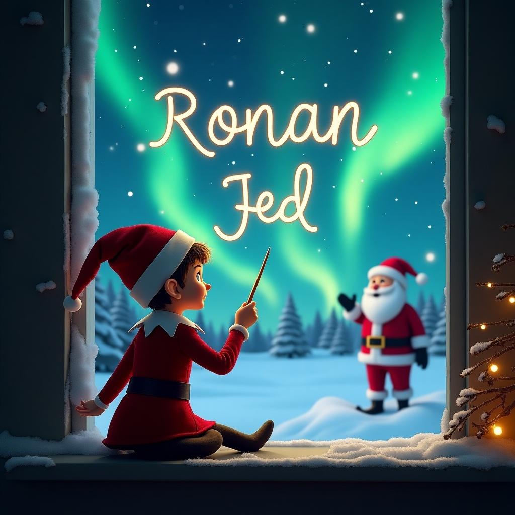 Elf on the shelf looks at the sky. Elf uses a wand to write names in the air. Magical Christmas setting shows northern lights. Santa appears in the background. Names Ronan and Jed are in the sky.